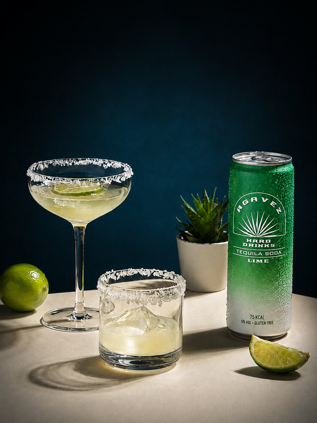 Agavez can beside salt-rimmed margarita cocktails