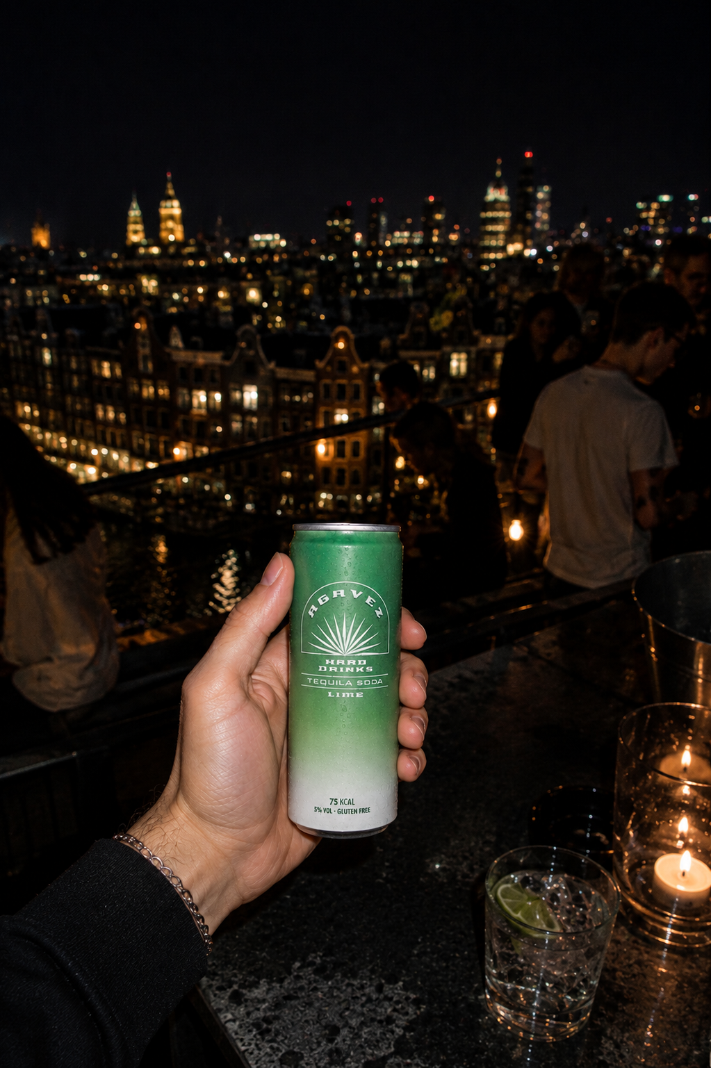 Agavez can held above the Amsterdam skyline at night